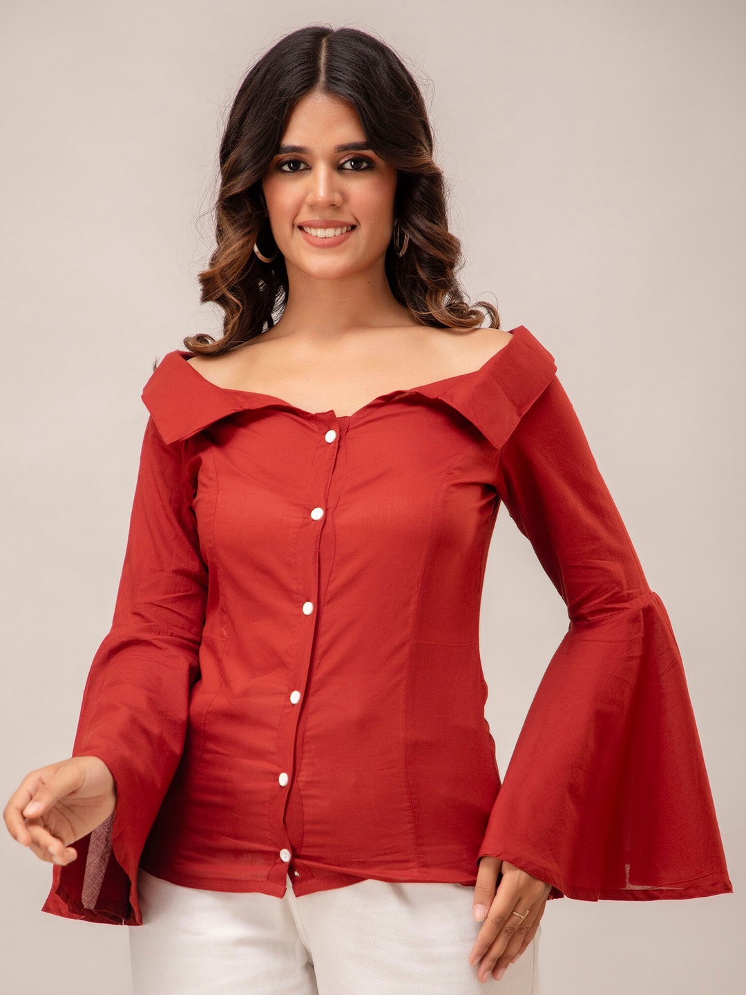 

SHOOLIN Off-Shoulder Bell Sleeves Cotton Shirt Style Top, Maroon