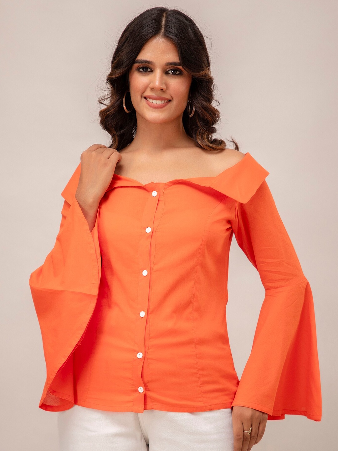 

SHOOLIN Off-Shoulder Bell Sleeves Cotton Shirt Style Top, Orange