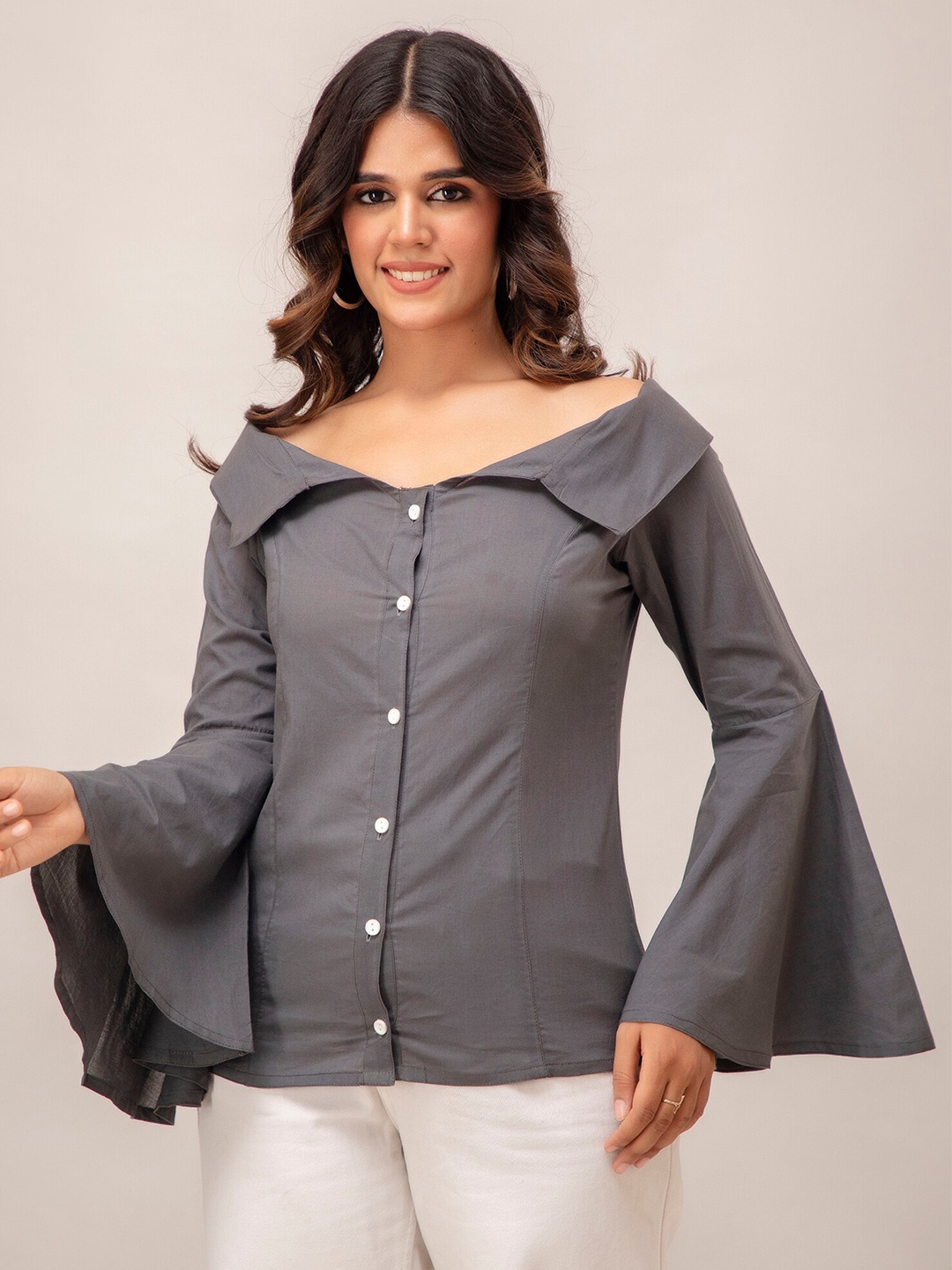 

SHOOLIN Off-Shoulder Bell Sleeves Cotton Shirt Style Top, Grey