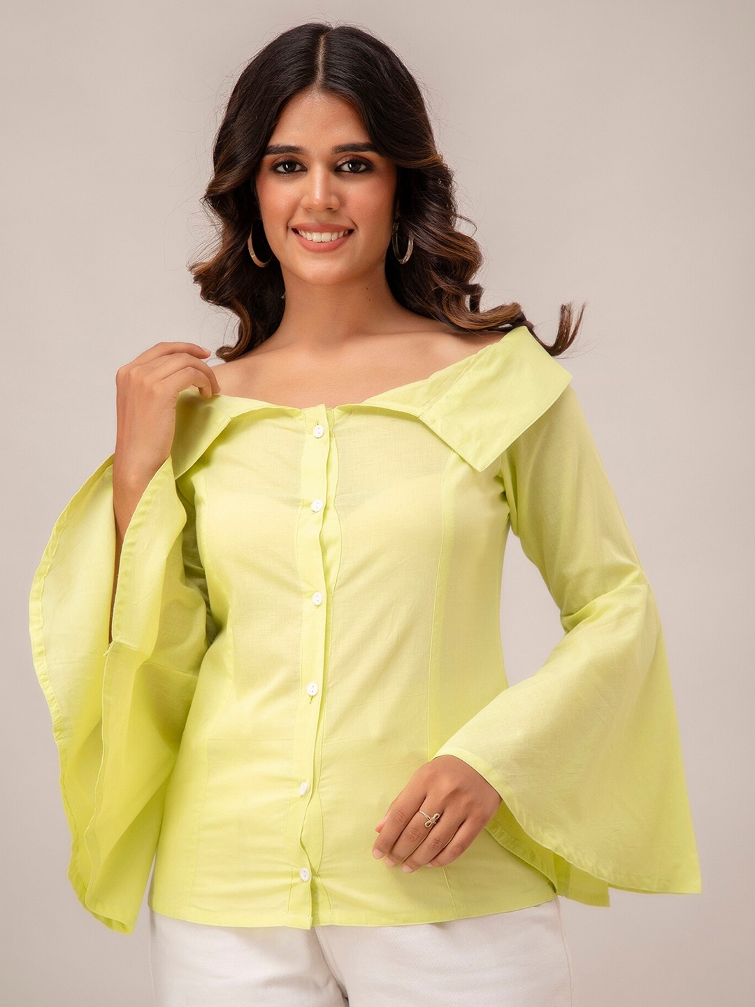 

SHOOLIN Off-Shoulder Bell Sleeves Cotton Shirt Style Top, Fluorescent green