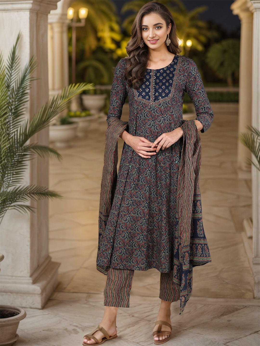 

AHIKA Floral Printed Empire Kurta With Trousers & Dupatta, Navy blue