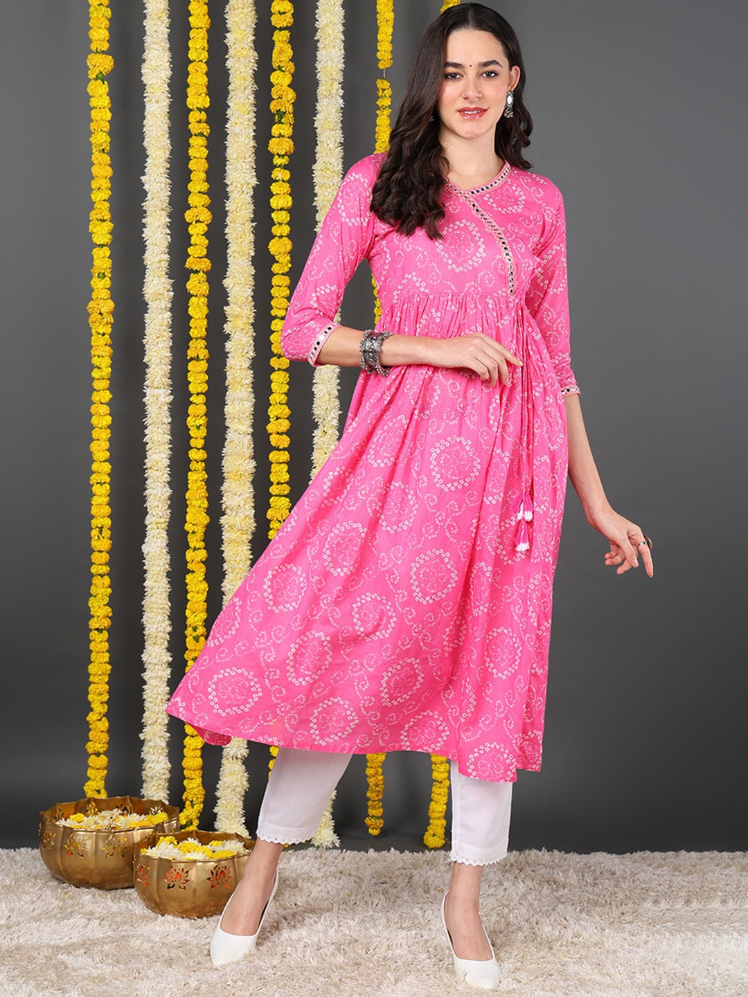 

AHIKA Bandhani Printed Mirror Work Anarkali Kurta, Pink