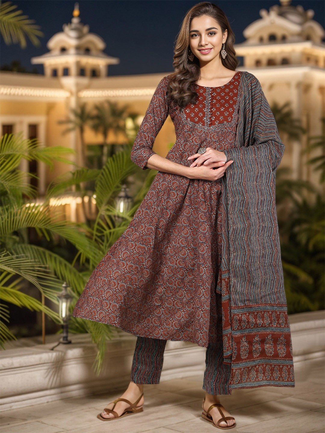 

AHIKA Floral Printed A-Line Kurta With Trousers & Dupatta, Maroon