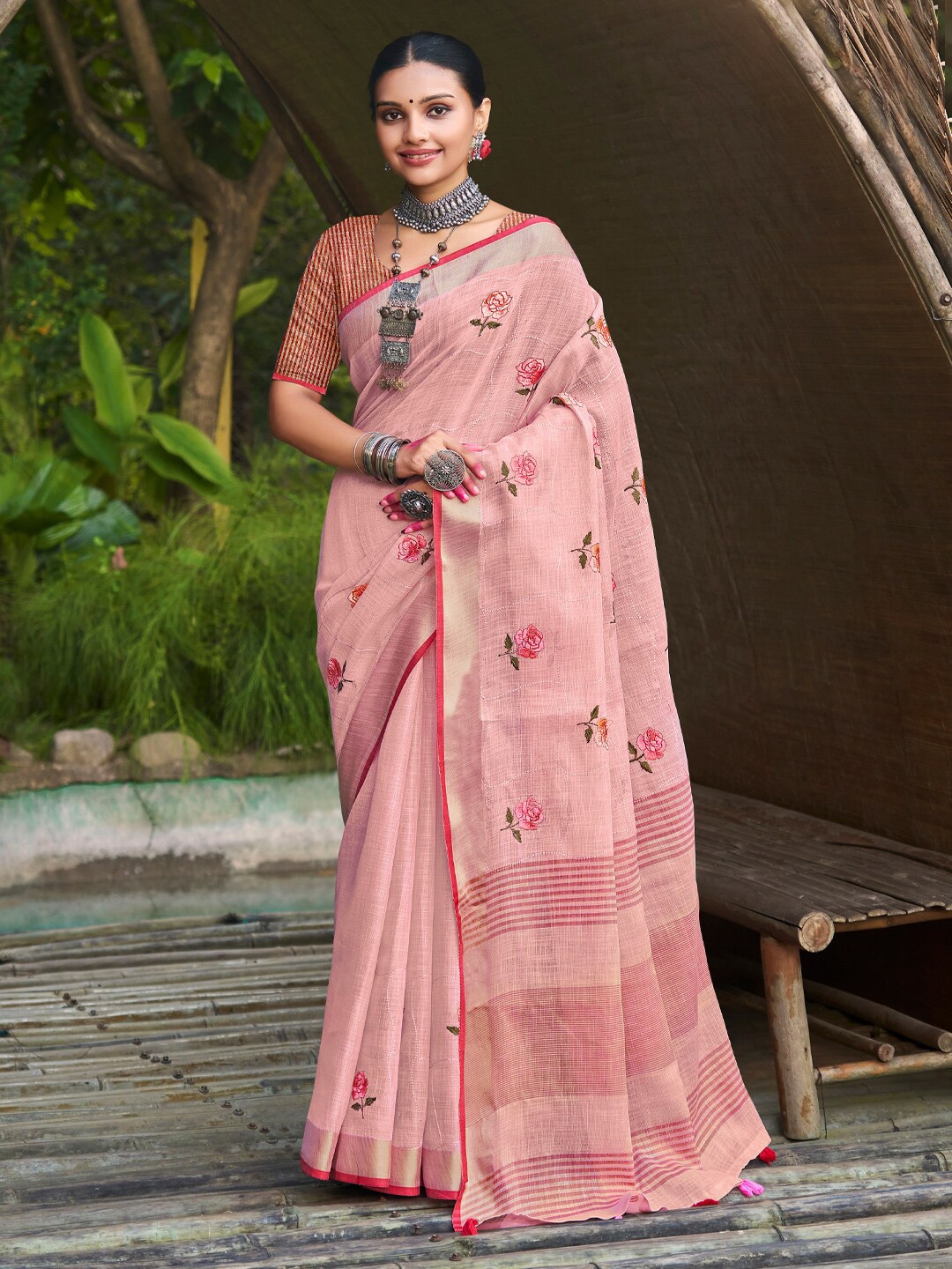 

Mitera Embellished Linen Blend Embroidered Designer Saree, Pink