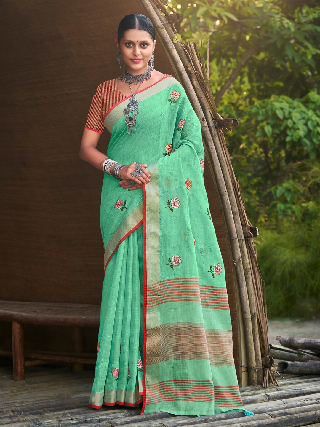 

Mitera Embellished Linen Blend Embroidered Designer Saree, Blue