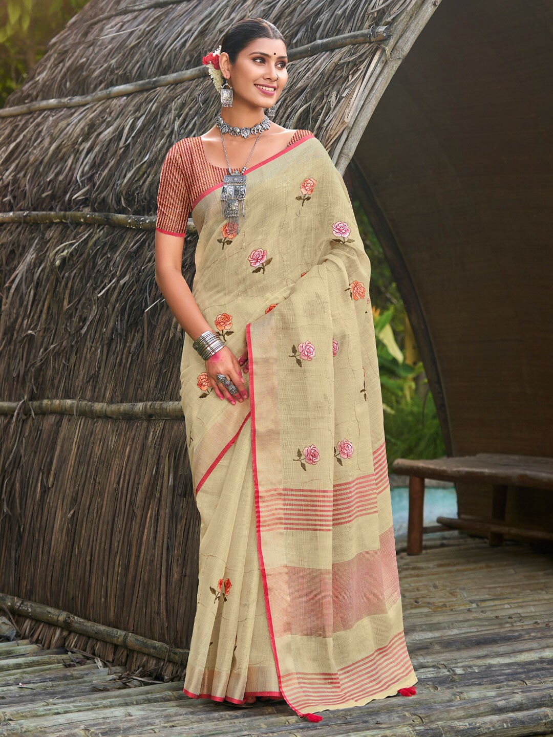 

Mitera Beige & Pink Embellished Linen Blend Embroidered Designer Saree
