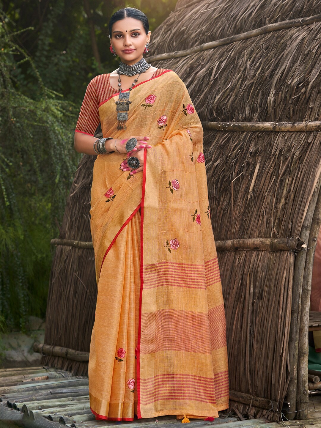 

Mitera Embellished Linen Blend Embroidered Designer Saree, Orange