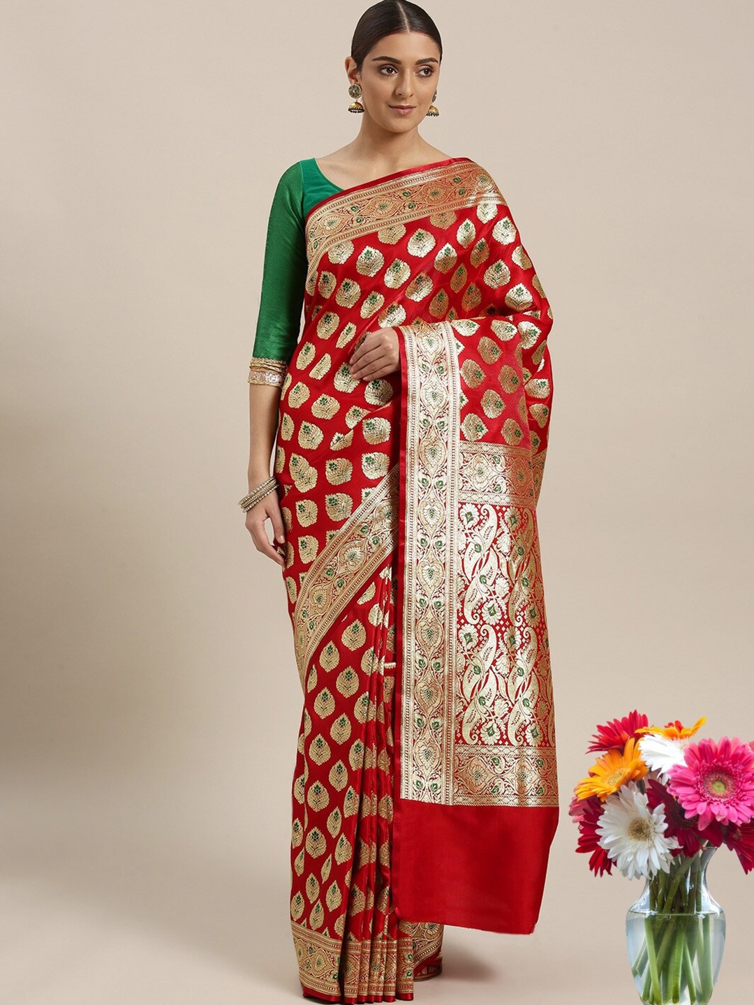 

Chhabra 555 Ethnic Motifs Woven Design Zari Kanjeevaram Saree, Red