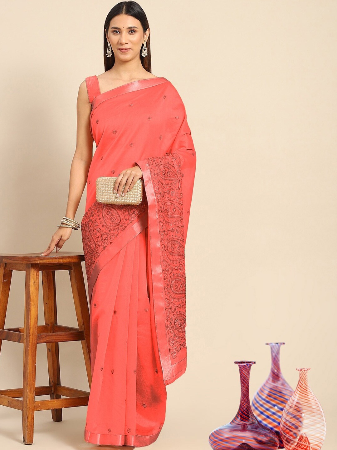

Chhabra 555 Paisley Embroidered Tussar Saree, Coral