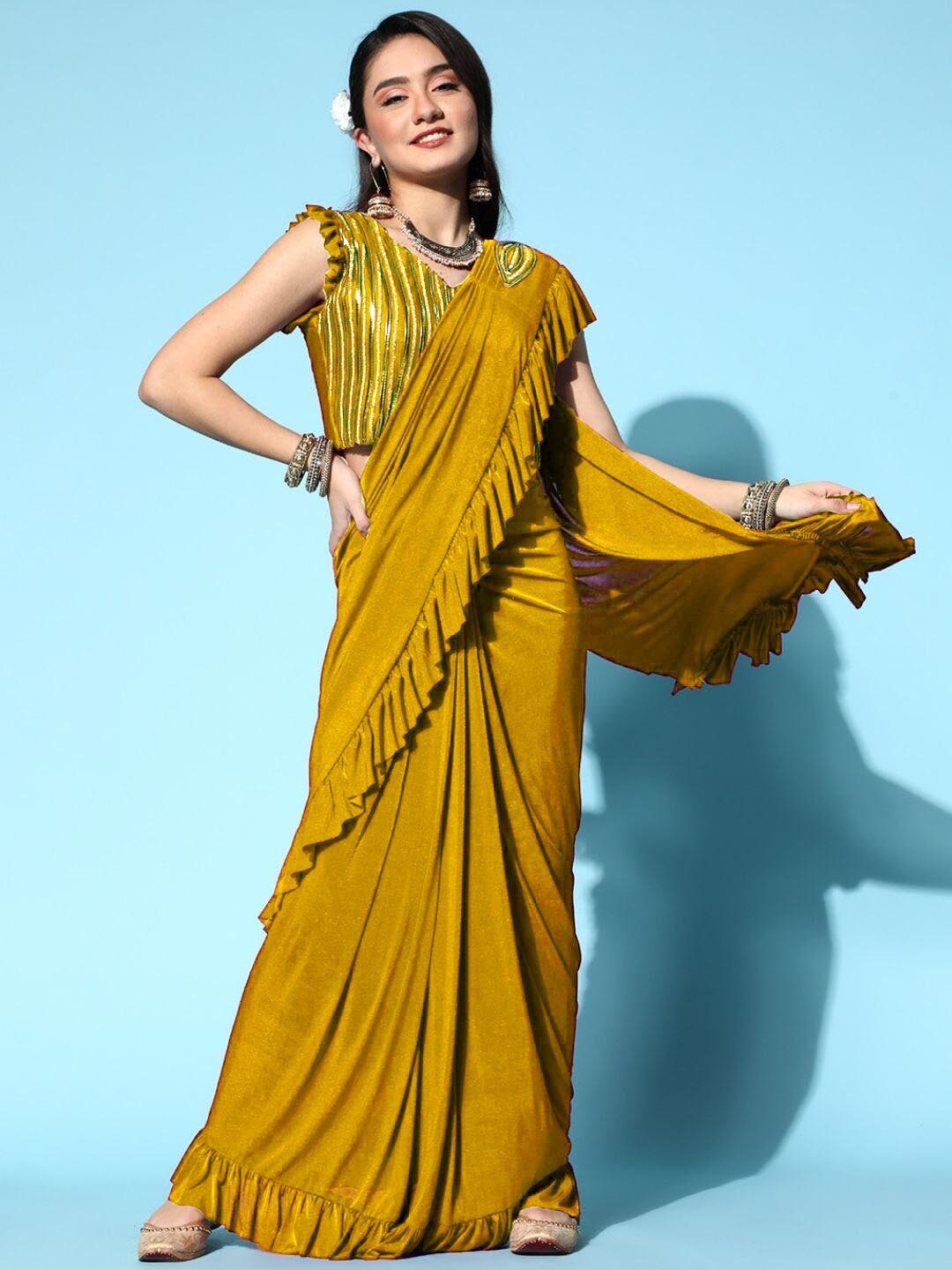 

Chhabra 555 Beads And Stones Ready to Wear Saree, Yellow