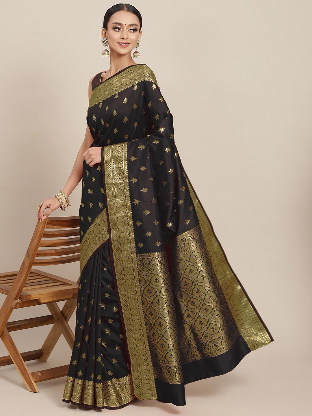 Chhabra 555 Ethnic Motifs Woven Design Zari Mysore Silk Saree, Black