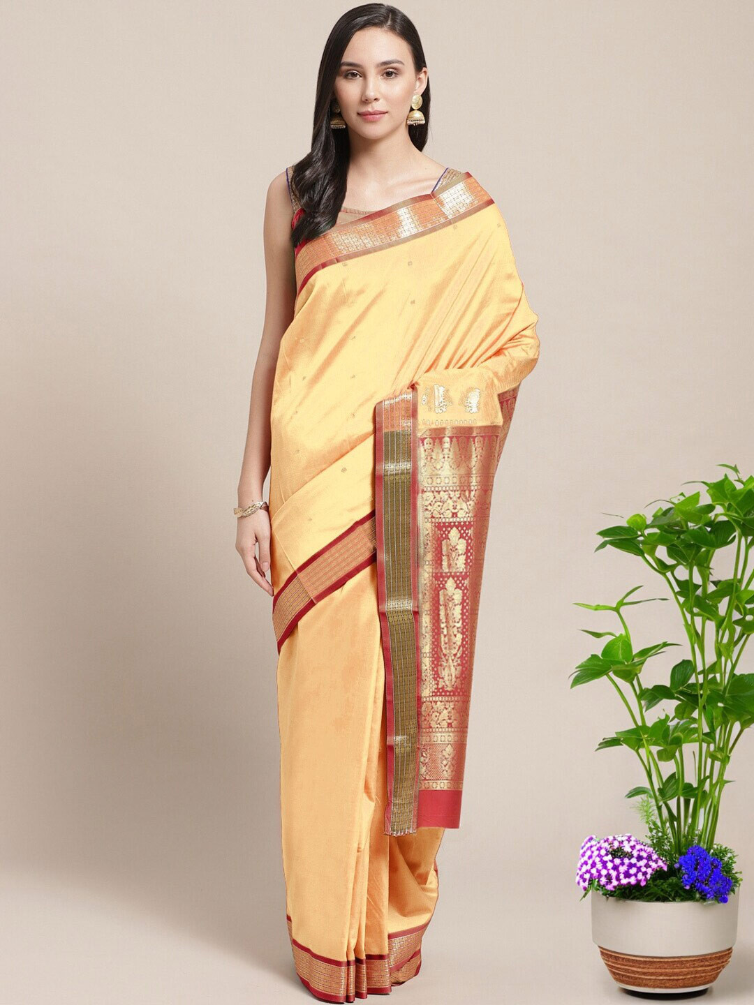 

Chhabra 555 Ethnic Motifs Woven Design Zari Narayan Peth Saree, Beige