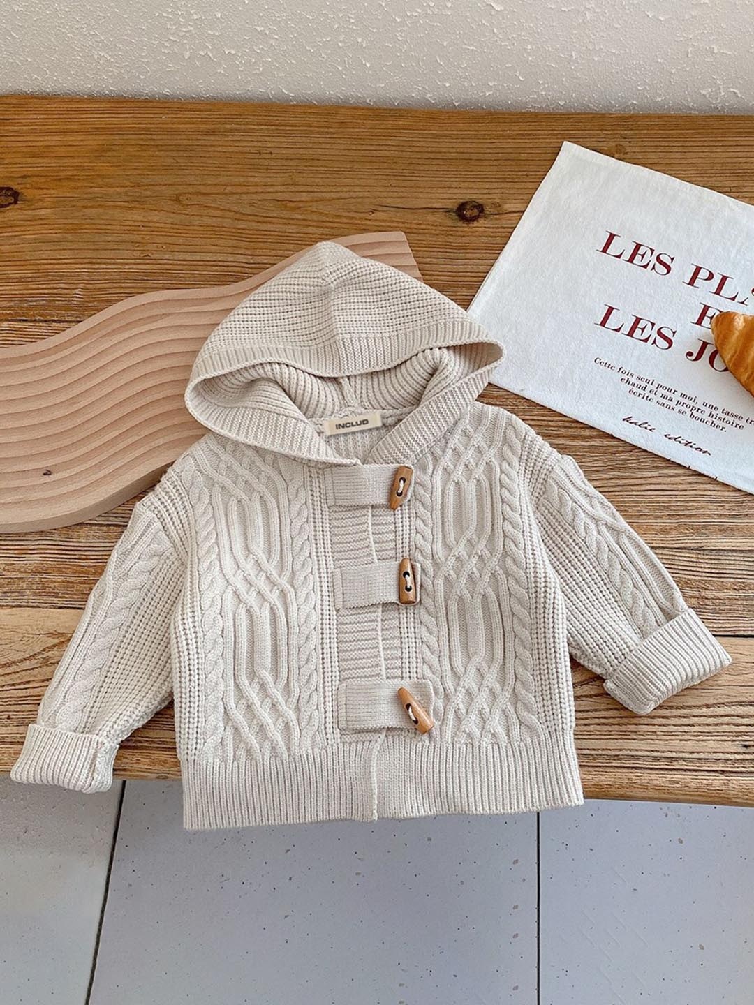 

INCLUD Girls Cable Knit Self Design Hooded Cardigan, Off white