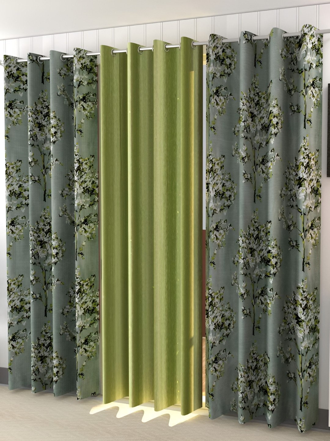 

REYANSH DECOR Green & White 2 Pieces Floral Window Curtain