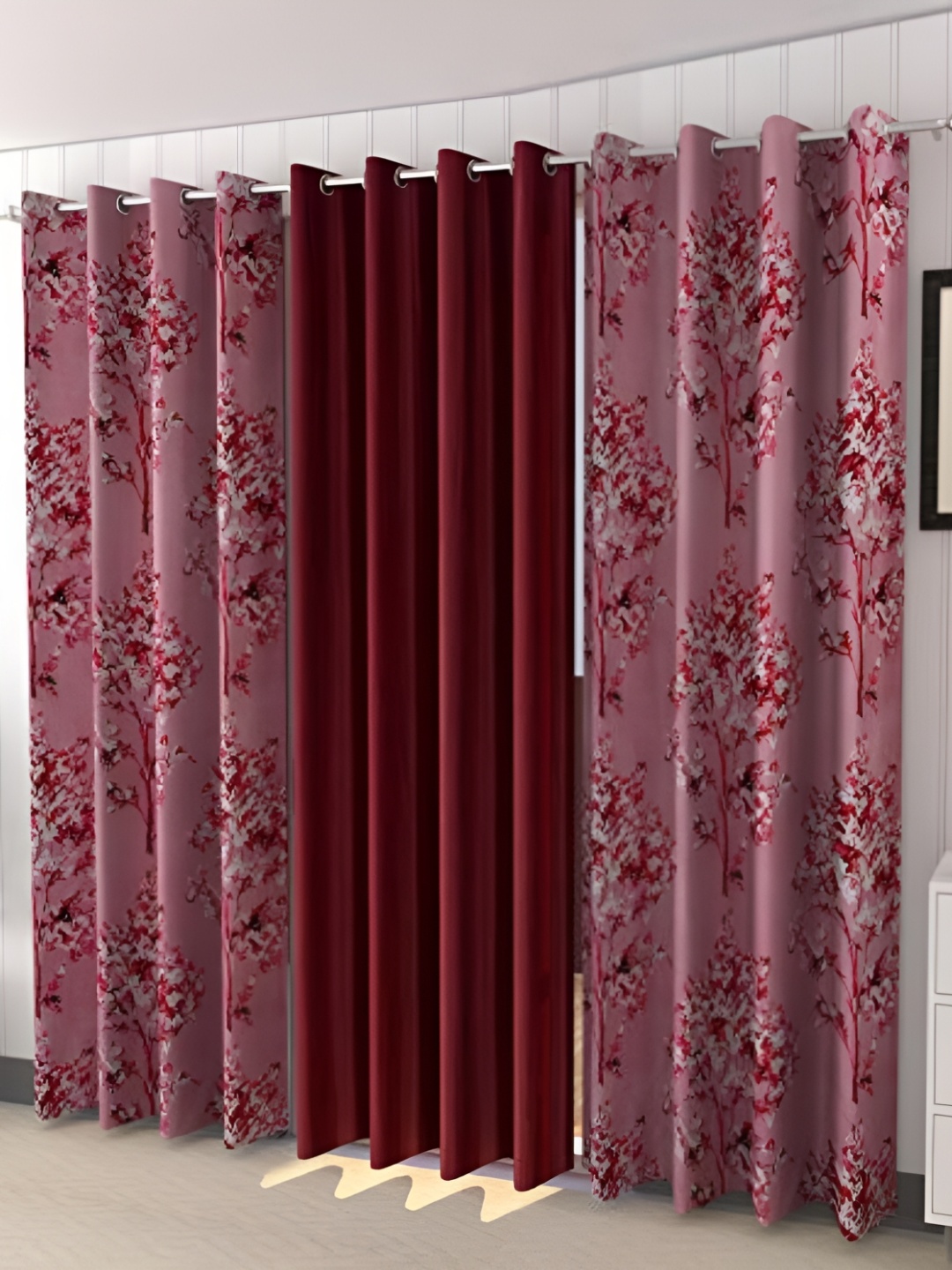 REYANSH DECOR Maroon and White 2 Pieces Floral Door Curtains