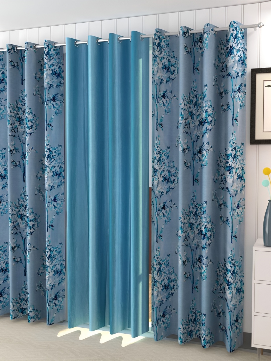 

REYANSH DECOR Teal & White 2 Pieces Floral Door Curtain