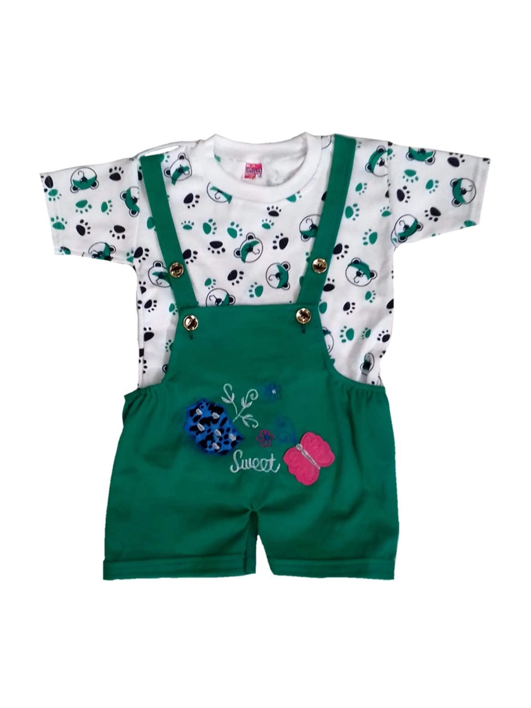 

BAESD Infants Floral-Printed Pure Cotton Dungaree With Printed T-Shirt, Green