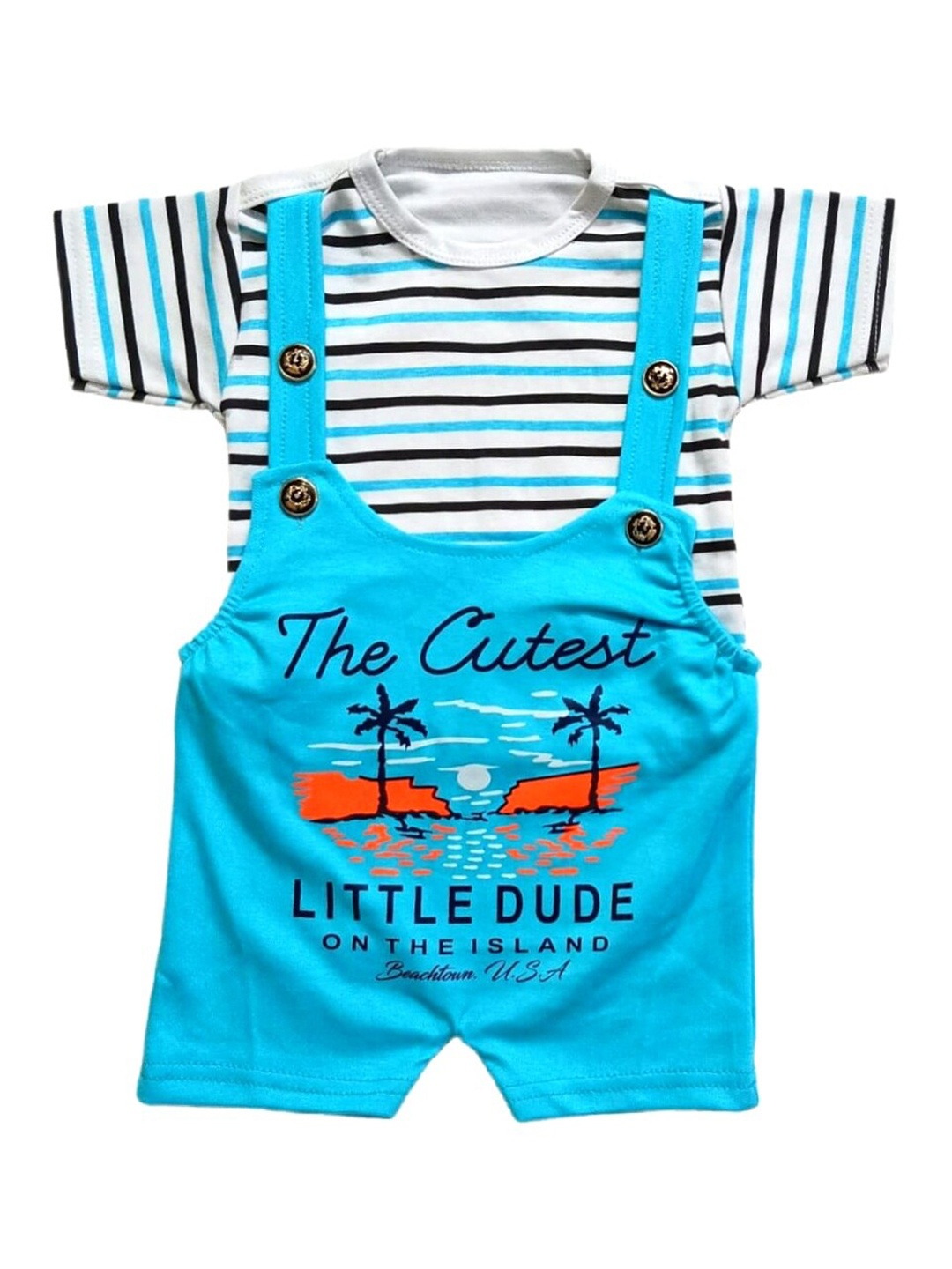 

BAESD Infants Typographic Printed Cotton Dungaree With Striped T-Shirt, Blue