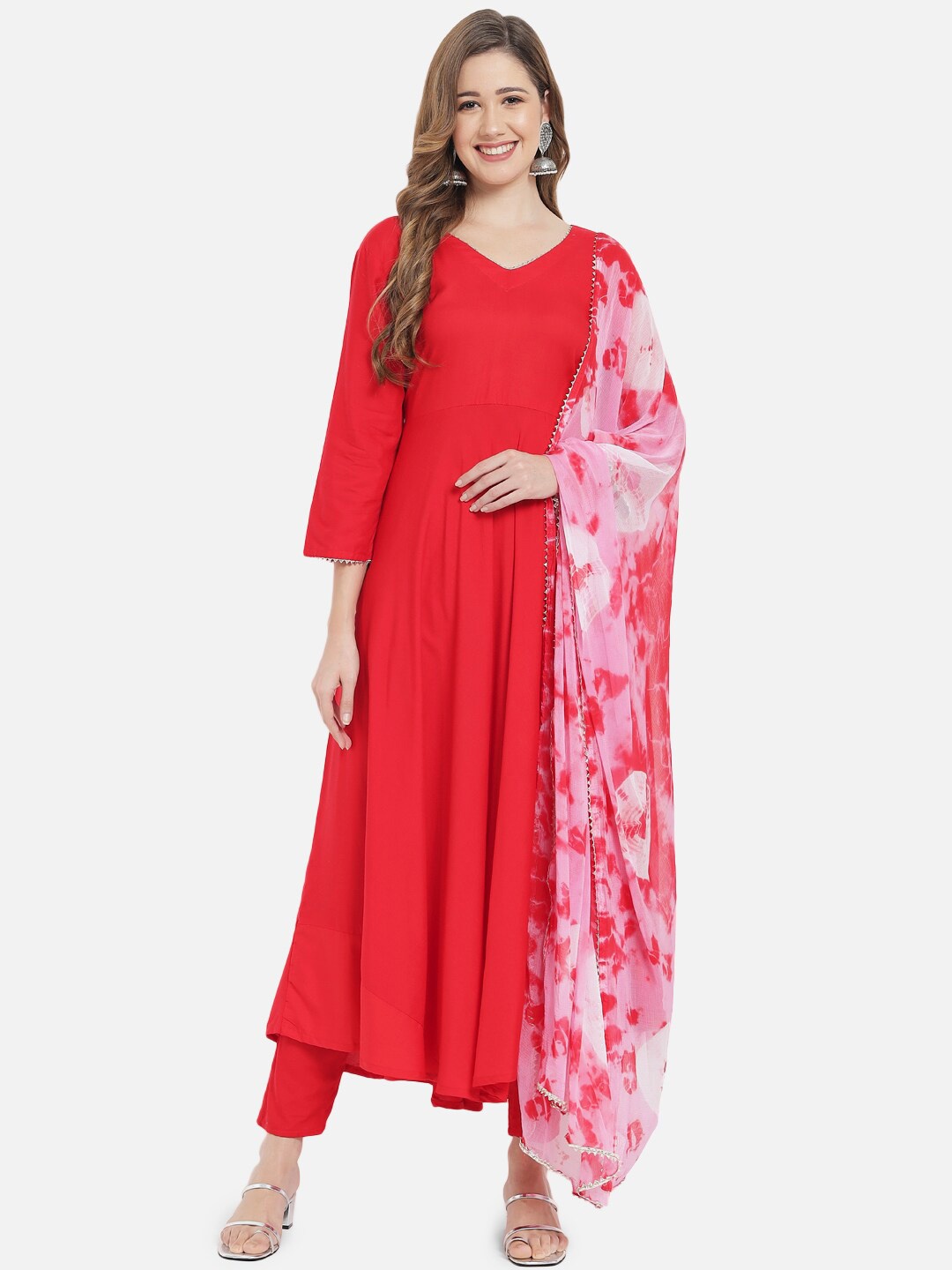 

Meeranshi V-Neck Gotta Patti Anarkali Kurta with Trousers & With Dupatta, Red