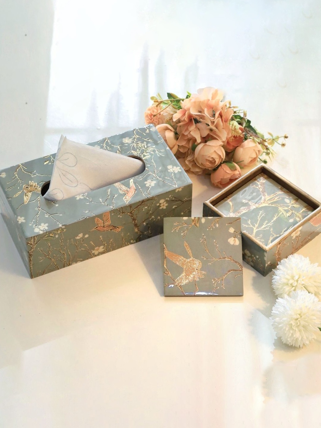 

CasaGold Grey Bird Combo Wooden Tissue Box Holder & 6 Pcs Coaster