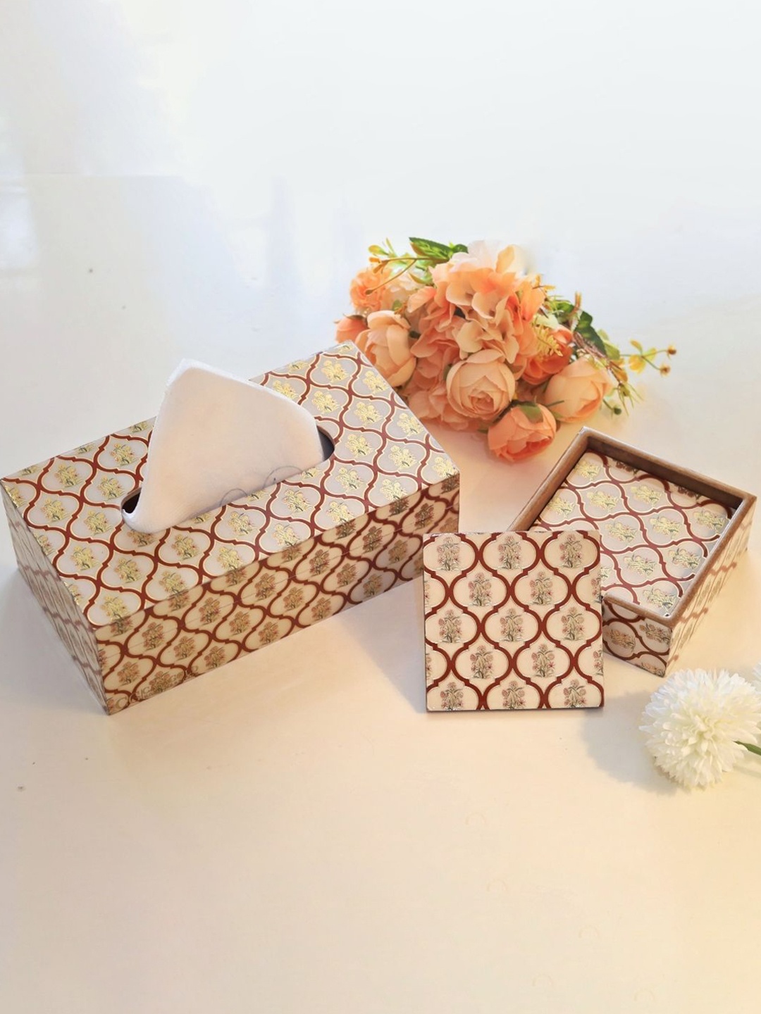 

CasaGold Wooden Tissue Box Holder with Coasters, Red