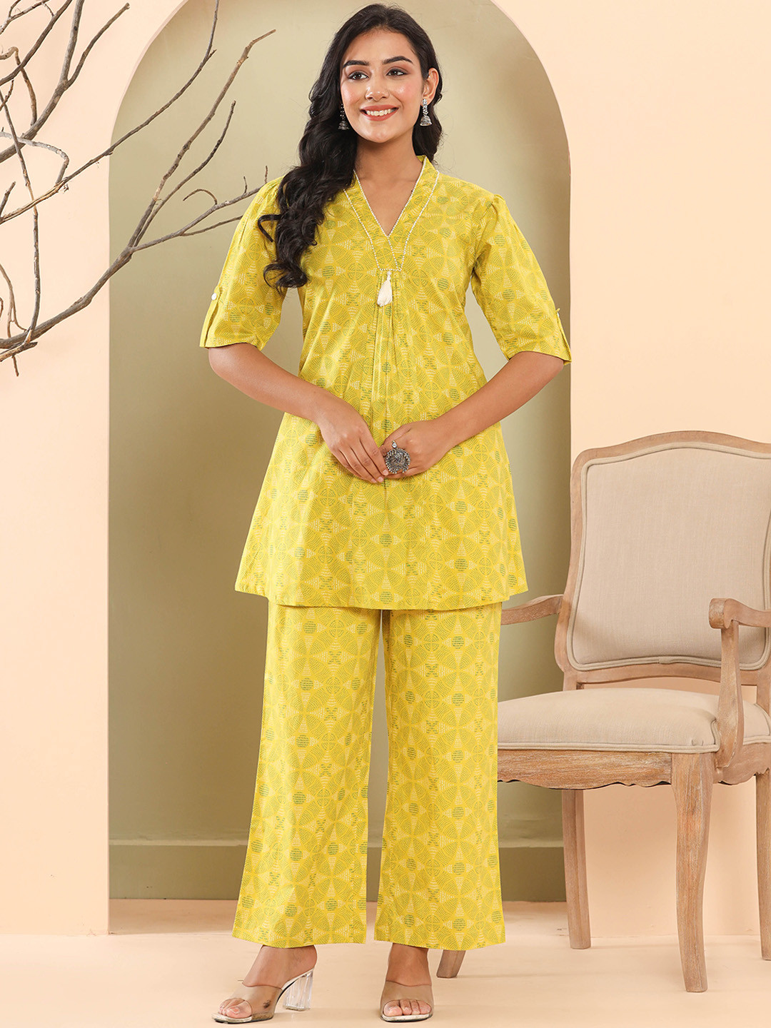 

Haute and Humble Ethnic Motifs Printed Pure Cotton A-Line Tunic With Palazzos, Lime green