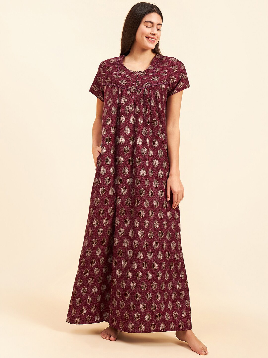 

Sweet Dreams Ethnic Motifs Printed Maxi Nightdress, Maroon
