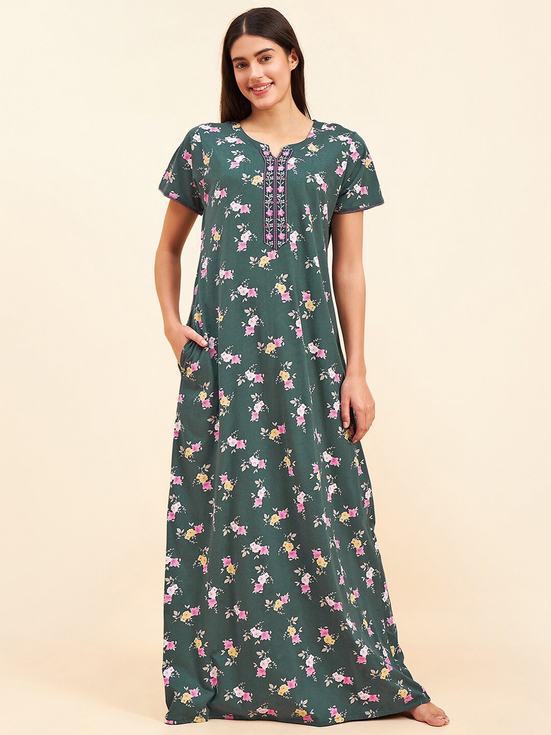 

Sweet Dreams Floral Printed Pure Cotton Maxi Nightdress, Green