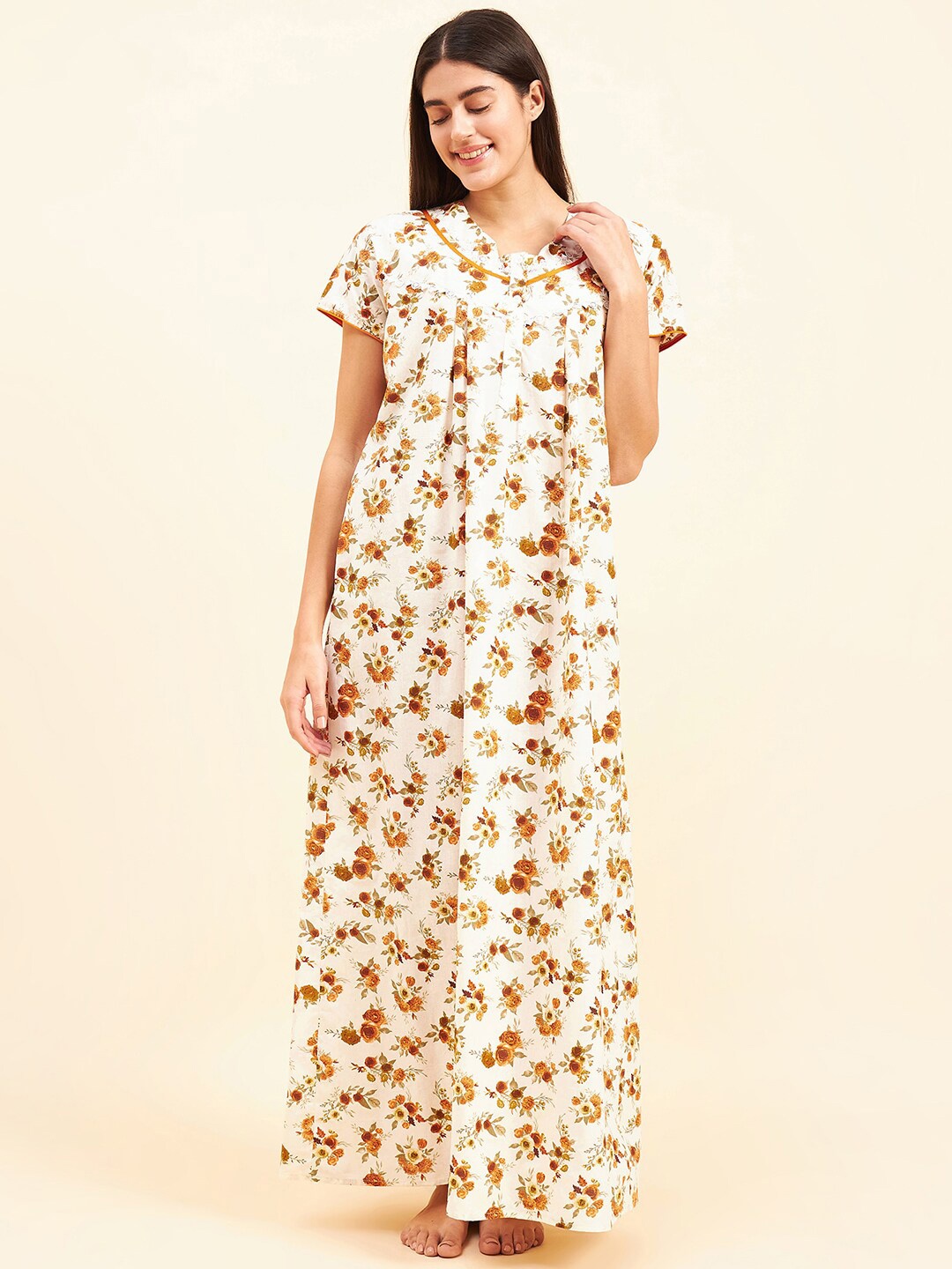 

Sweet Dreams Off White & Orange Floral Printed Cotton Maxi Nightdress