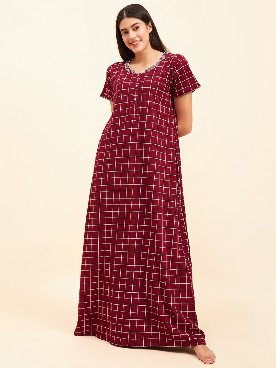 

Sweet Dreams Checked Pure Cotton Maxi Nightdress, Maroon