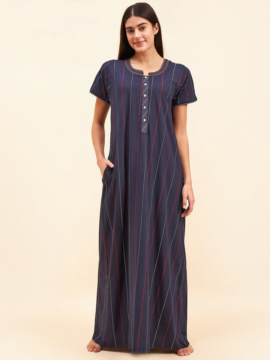 

Sweet Dreams Striped Pure Cotton Maxi Nightdress, Navy blue