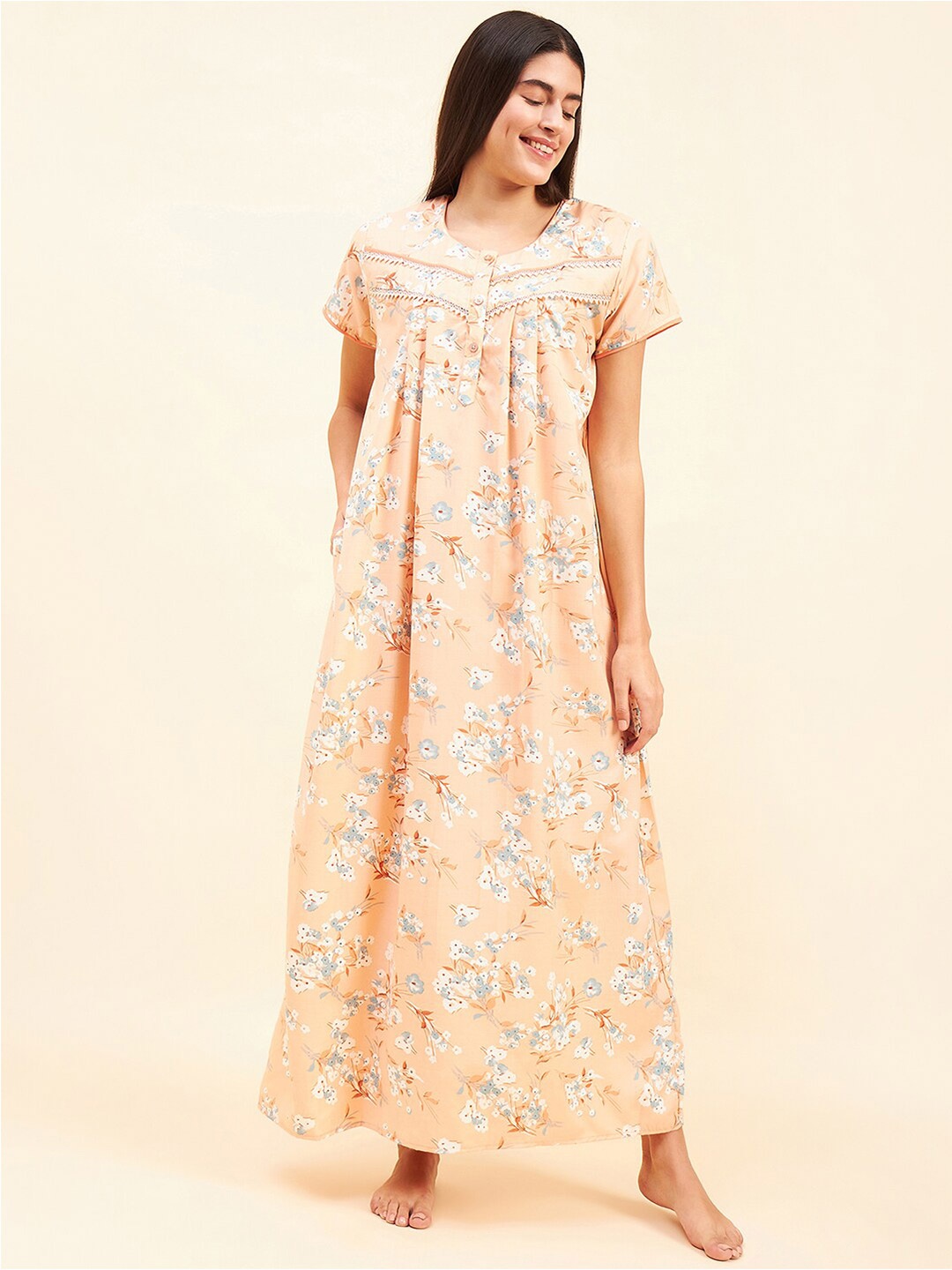 

Sweet Dreams Peach-Coloured Printed Maxi Nightdress