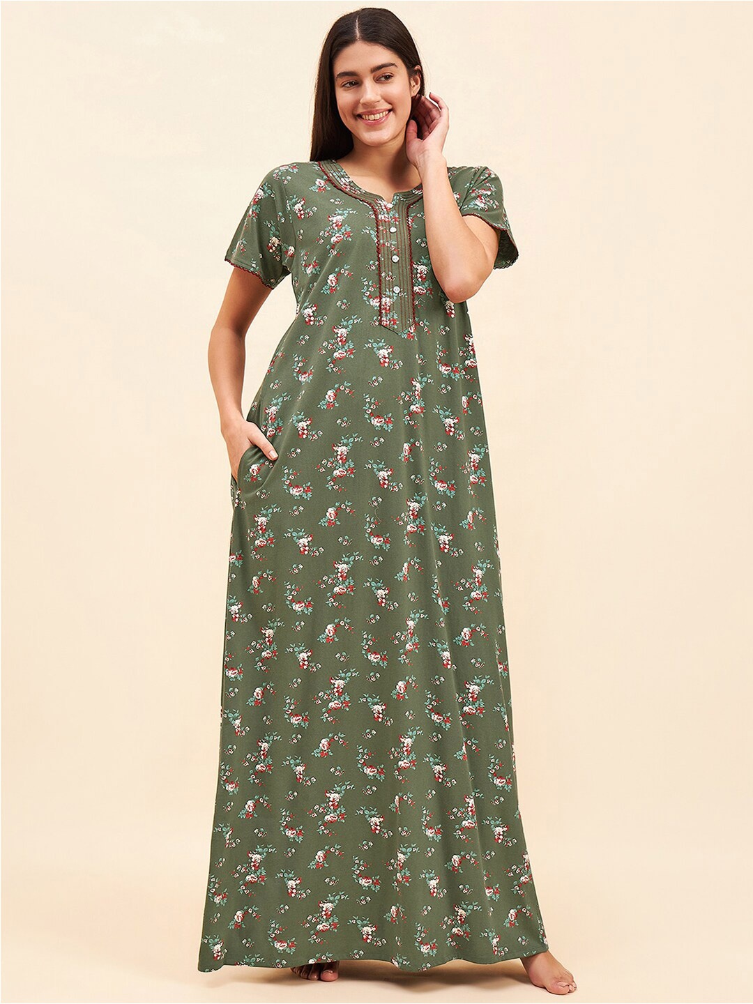 

Sweet Dreams Green Floral Printed Cotton Maxi Nightdress