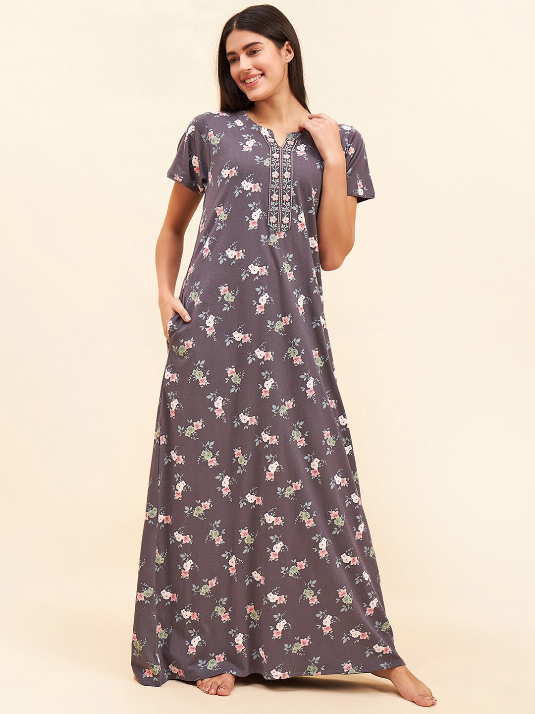 

Sweet Dreams Grey Printed Cotton Maxi Nightdress
