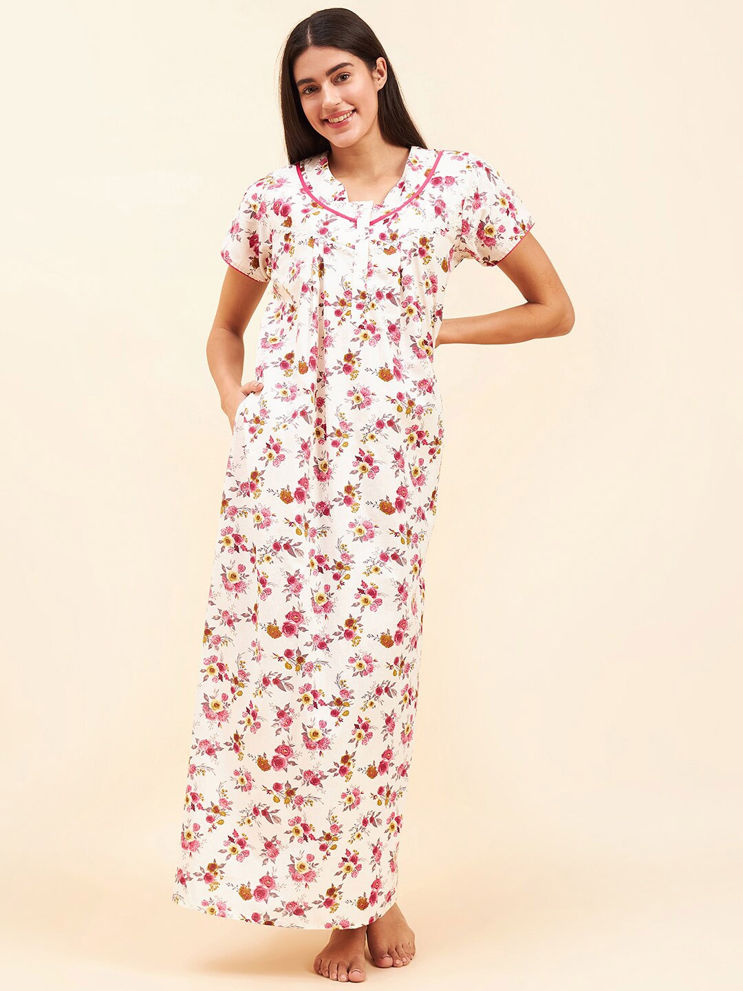 

Sweet Dreams Pink Printed Cotton Maxi Nightdress, White