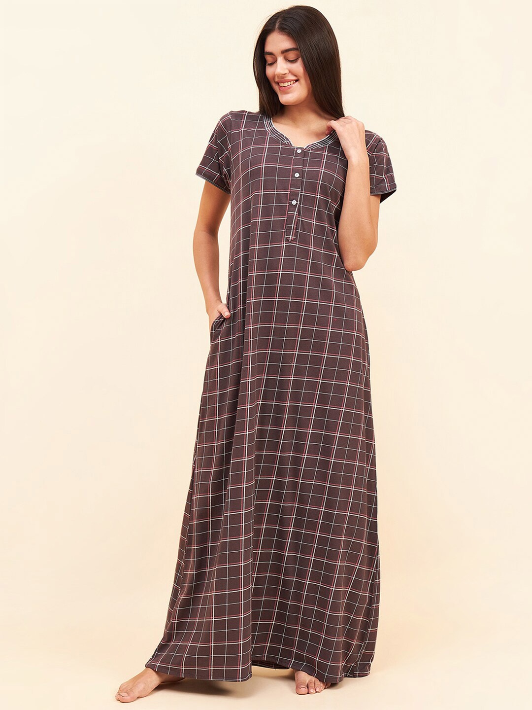 

Sweet Dreams Charcoal Grey Checked V-Neck Cotton Maxi Nightdress