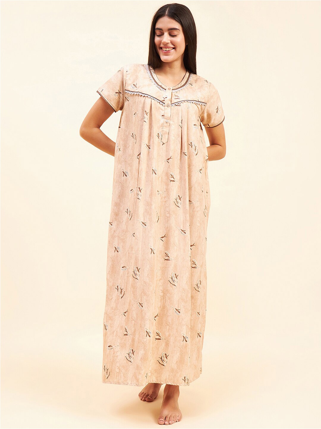 

Sweet Dreams Beige Floral Printed Maxi Nightdress