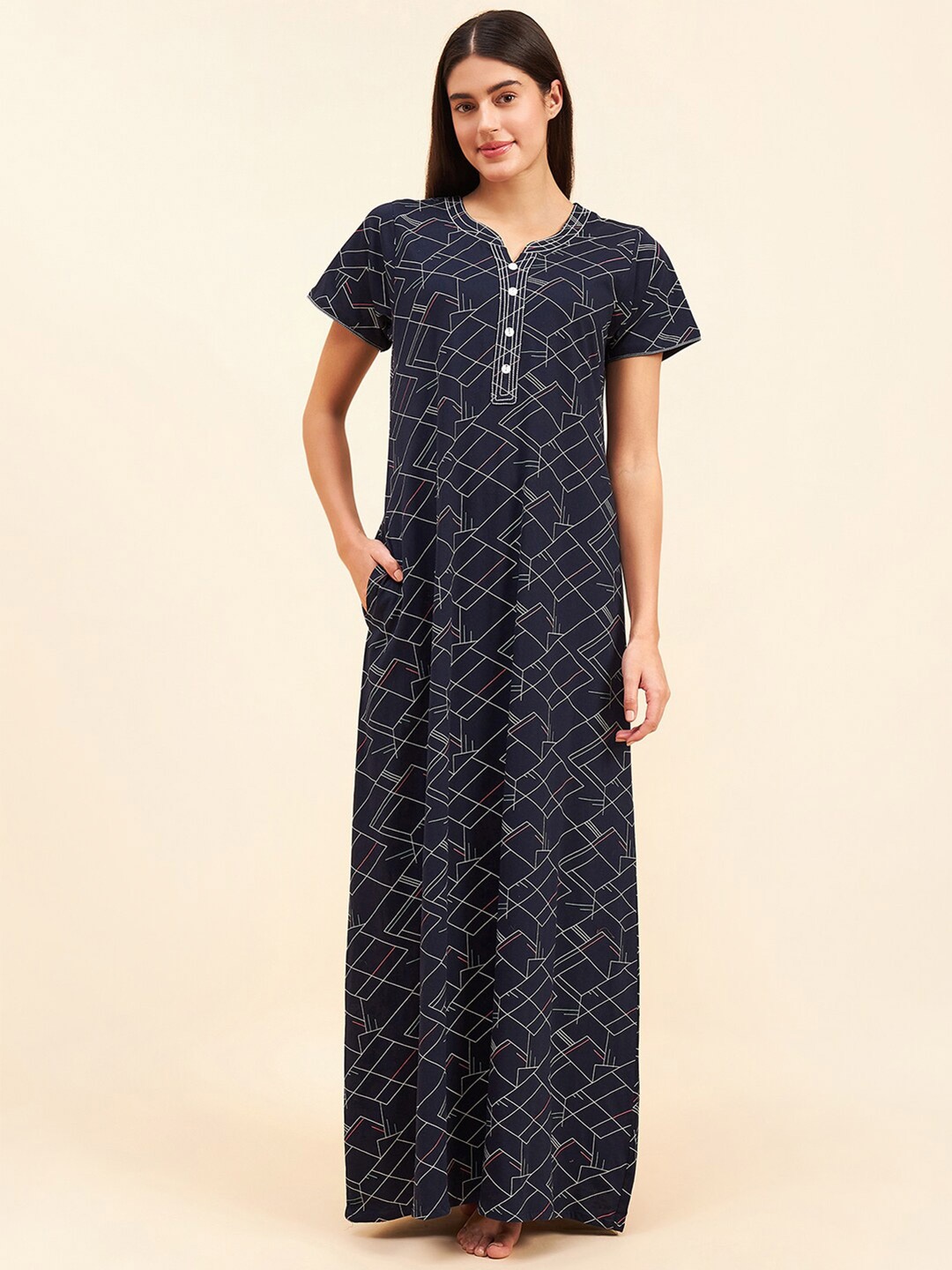 

Sweet Dreams Navy Blue Printed Cotton Maxi Nightdress