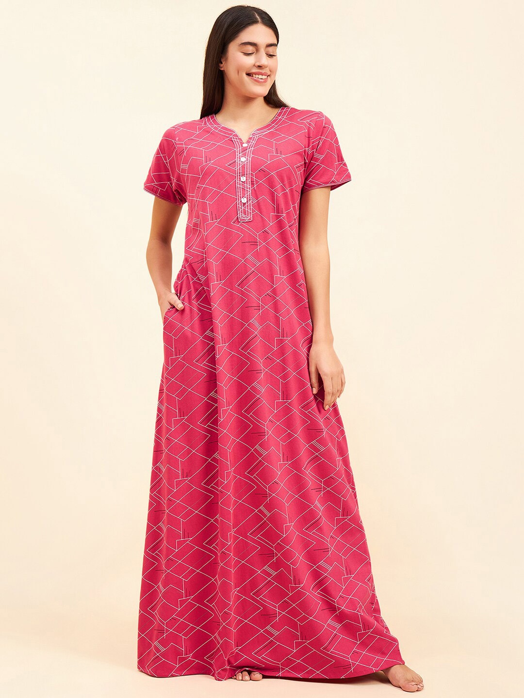 

Sweet Dreams Geometric Printed Pure Cotton Maxi Nightdress, Pink