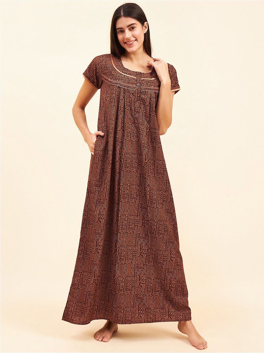 

Sweet Dreams Geometric Printed Pure Cotton Maxi Nightdress, Brown
