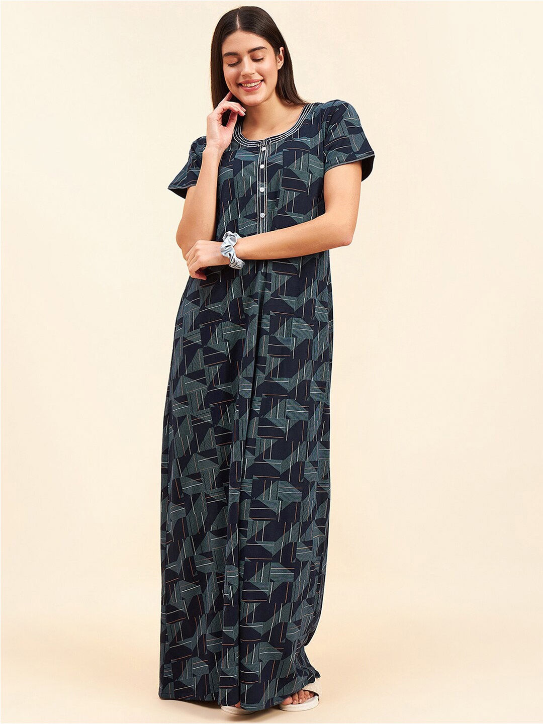 

Sweet Dreams Geometric Printed Pure Cotton Maxi Nightdress, Navy blue