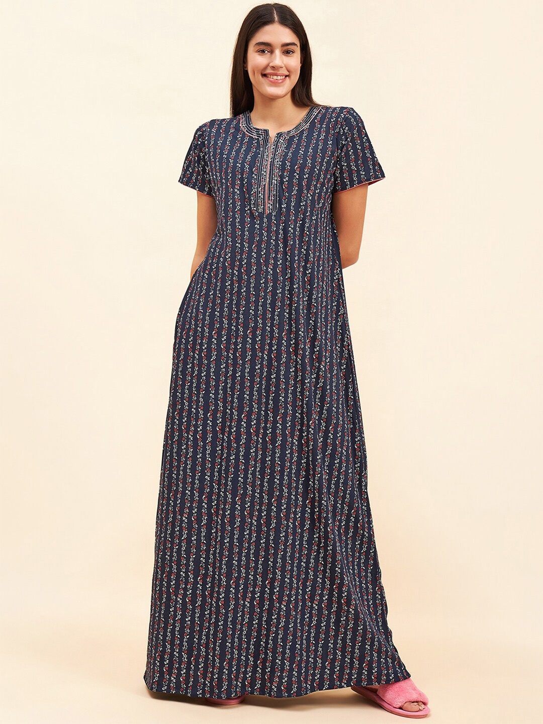 

Sweet Dreams Floral Printed Pure Cotton Maxi Nightdress, Navy blue