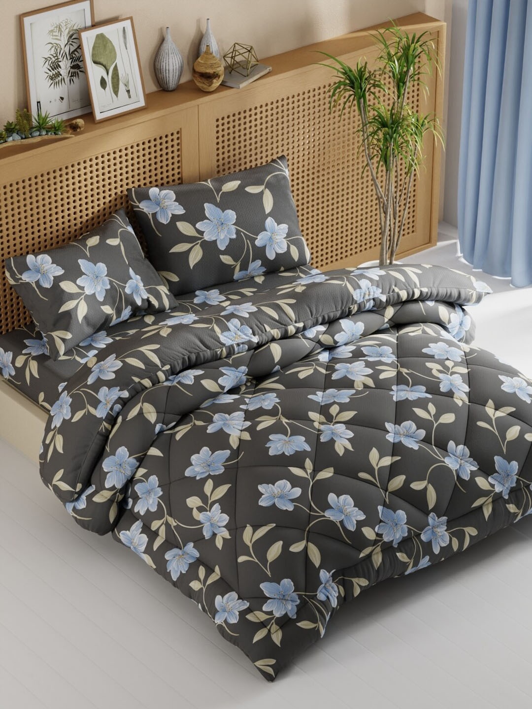 

BIANCA Charcoal & Blue 4 Pieces Floral Bedding Set