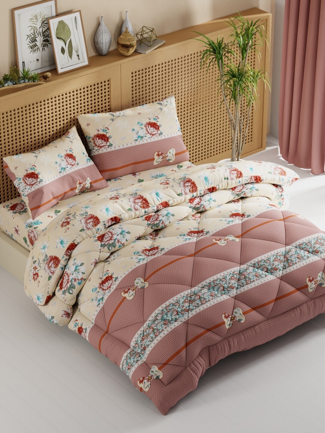 

BIANCA Beige Floral Printed AC Room Double Queen Bedding Set
