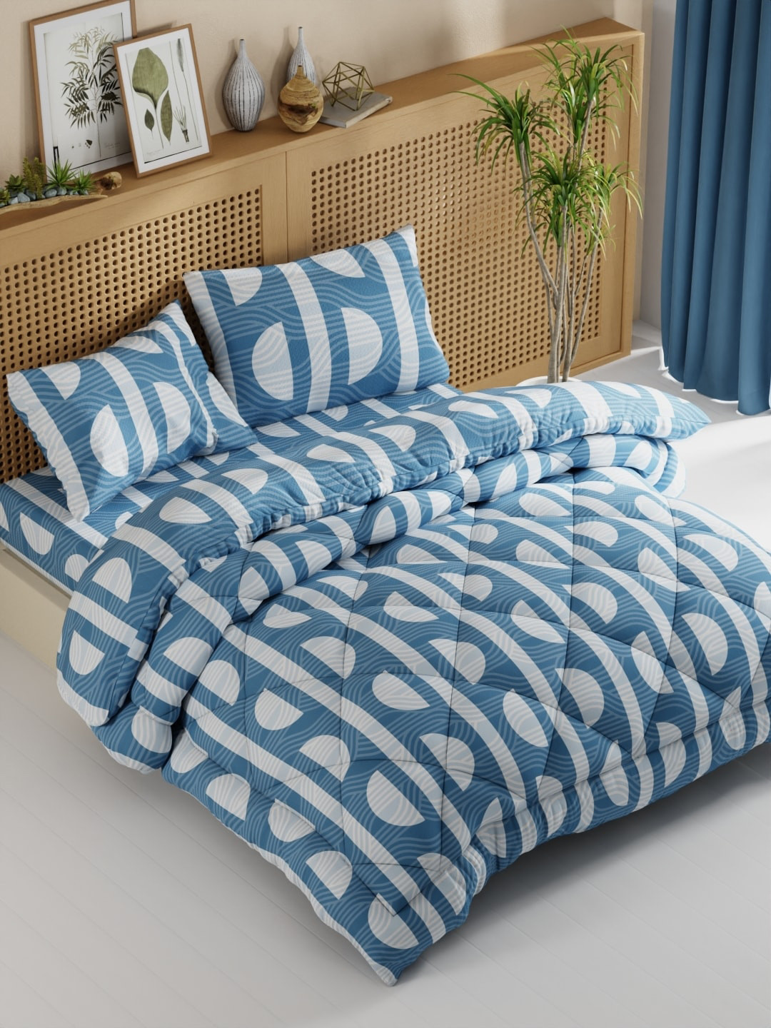 

BIANCA Teal Geometric Printed AC Room Double Queen Bedding Set