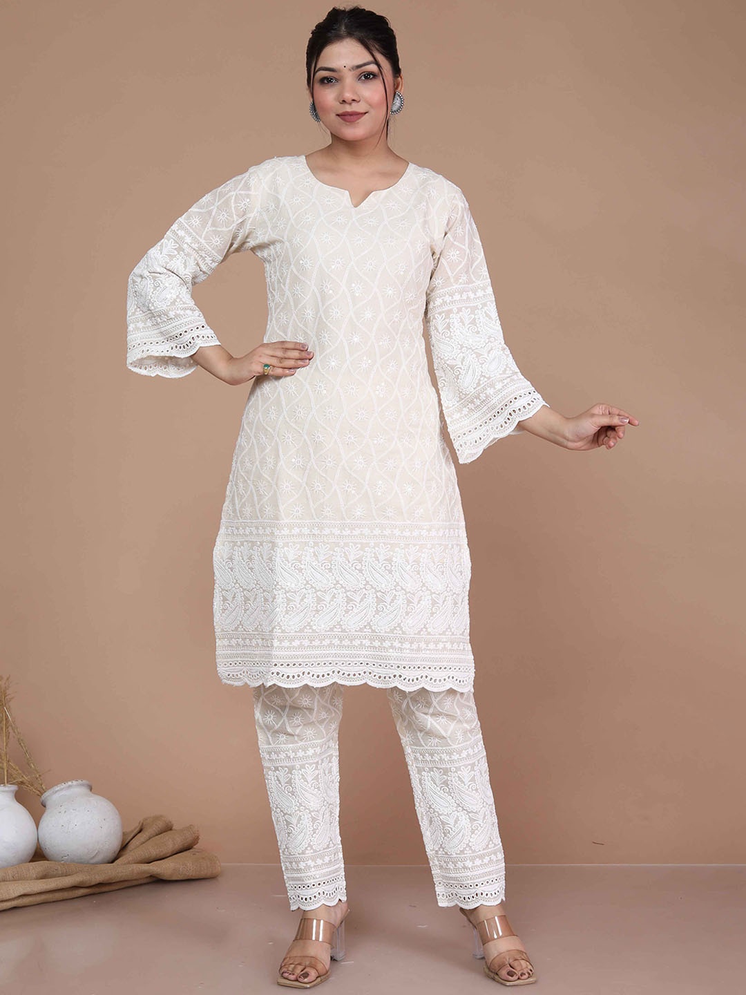 

MIRAVAN Floral Embroidered Chikankari Pure Cotton Kurta with Palazzos, Cream