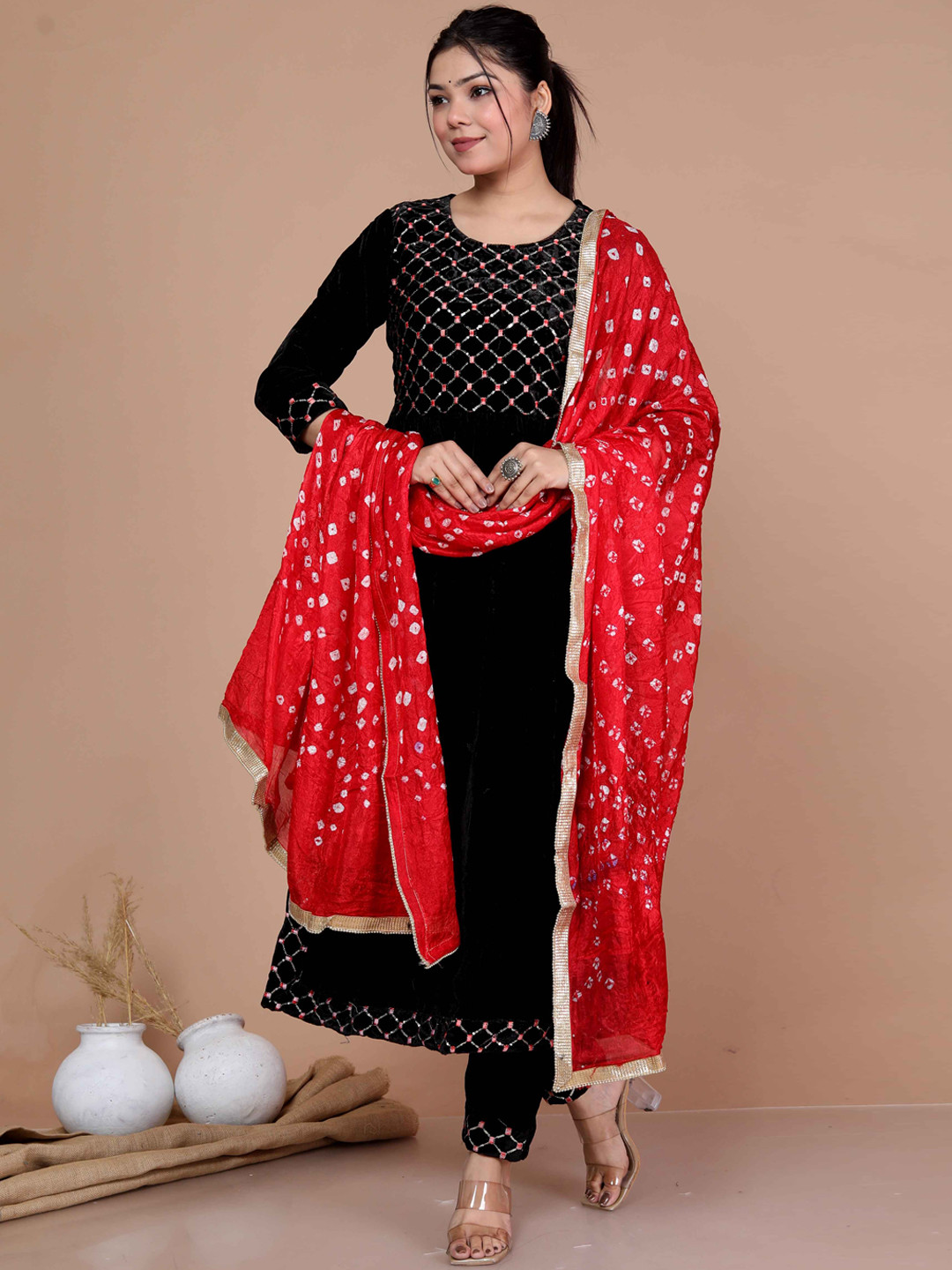 

MIRAVAN Geometric Embroidered Velvet Kurta with Trousers & With Dupatta, Black