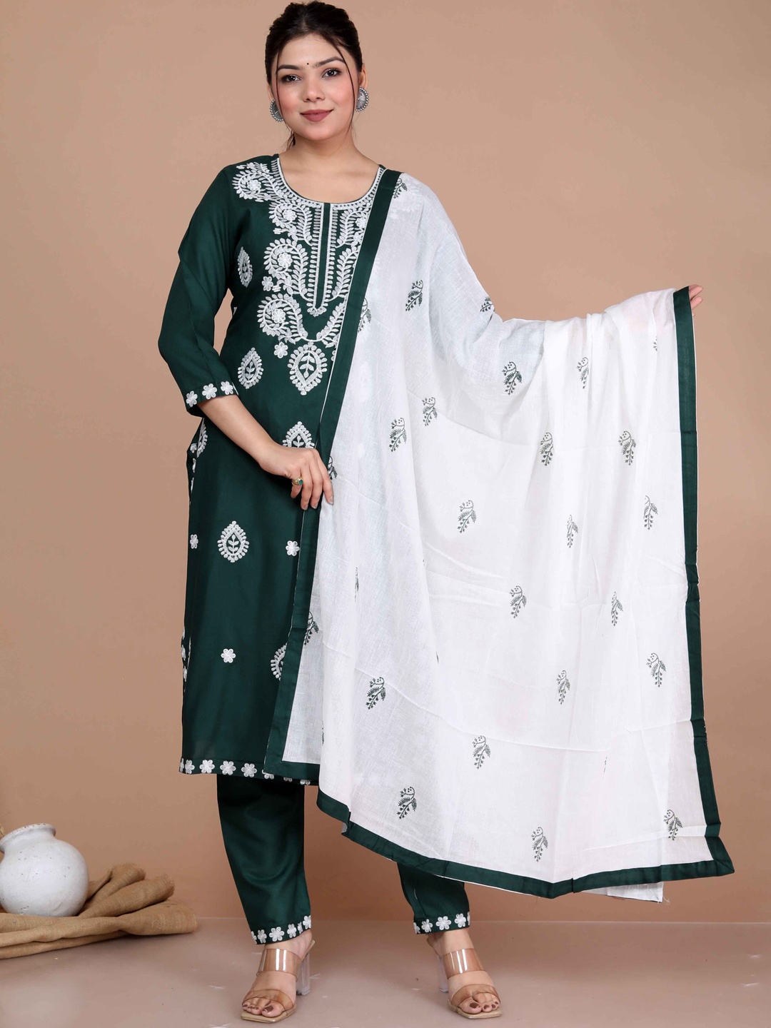 

MIRAVAN Ethnic Motifs Embroidered Kurta with Trousers & With Dupatta, Green