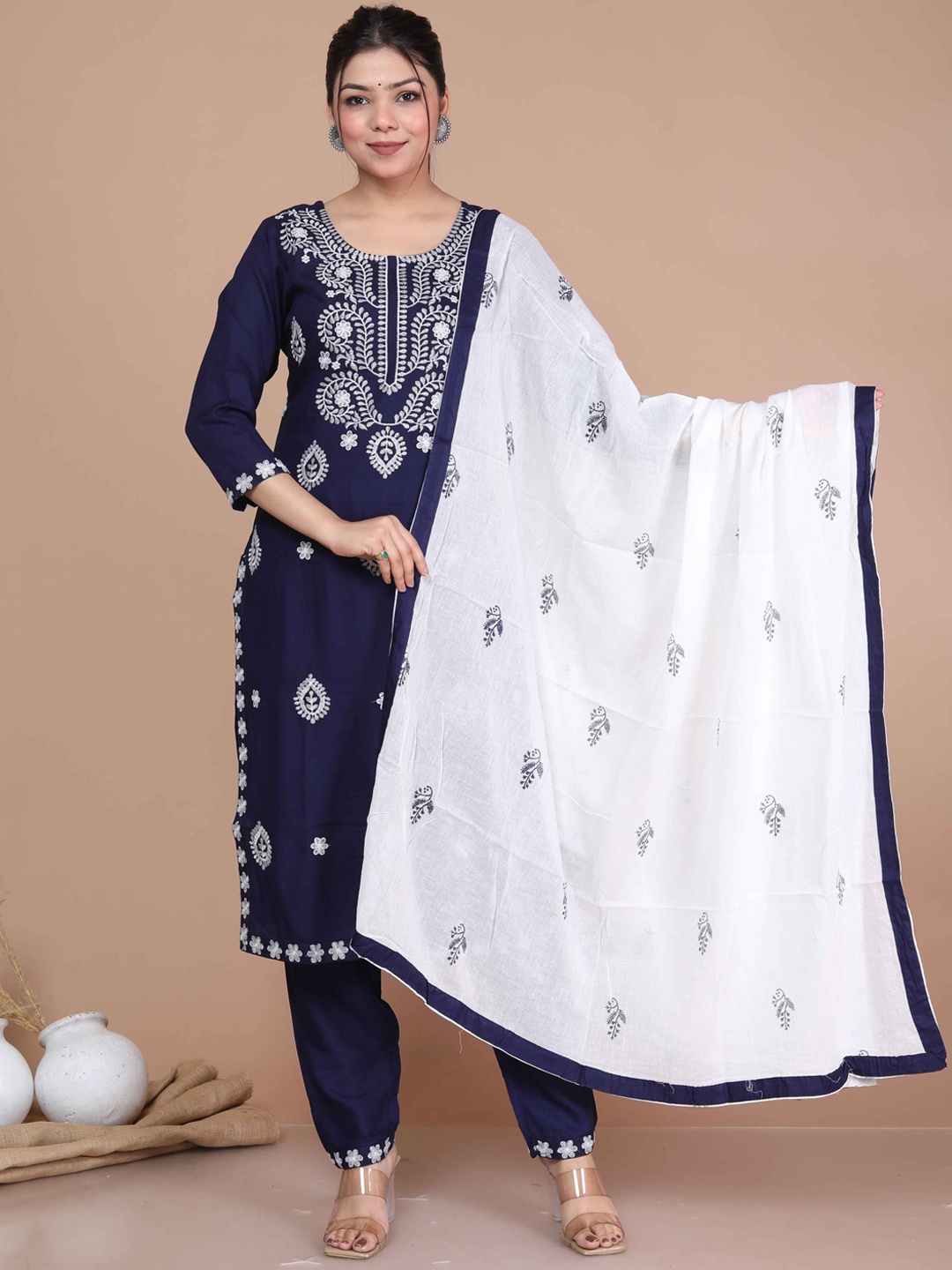 

MIRAVAN Ethnic Motifs Embroidered Kurta with Trousers & With Dupatta, Blue