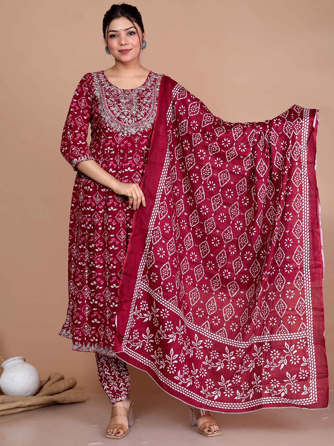 

MIRAVAN Floral Embroidered Pure Cotton Kurta with Palazzos & With Dupatta, Maroon